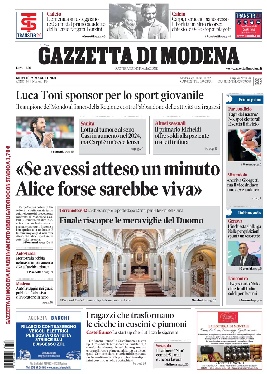 Prima-pagina-gazzetta di modena-oggi-edizione-del-2024-05-09